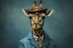 une girafe avec une bleu veste et une bleu chapeau photo