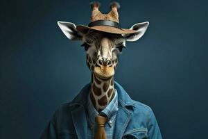 une girafe avec une bleu veste et une bleu chapeau photo