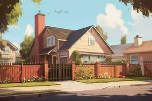 une maison avec une garage et une clôture dans de face de il photo