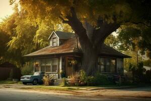 une maison avec une garage et une arbre dans le Contexte photo