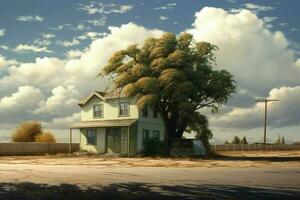 une maison avec une garage et une arbre dans le Contexte photo