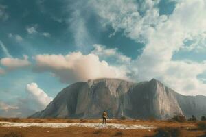 une homme des stands dans de face de une Montagne avec une ciel ba photo