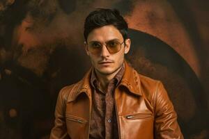 une homme portant une marron cuir veste et des lunettes photo