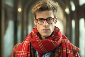 une homme portant rouge des lunettes et une rouge plaid écharpe photo