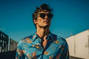 une homme portant des lunettes de soleil et une bleu chemise photo