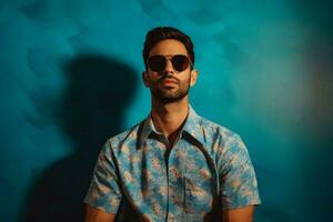 une homme portant des lunettes de soleil et une bleu chemise photo