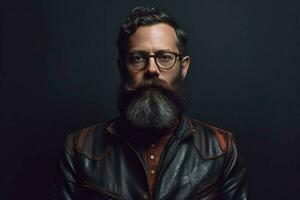 une homme avec une barbe portant des lunettes et une veste photo