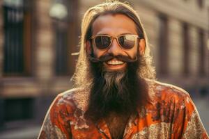 une homme avec une barbe et des lunettes de soleil sourit pour le photo