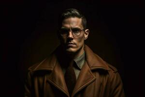 une homme avec des lunettes et une marron manteau des stands dans pour photo