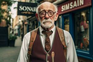 une homme avec des lunettes et une gilet cette dit une sénior photo