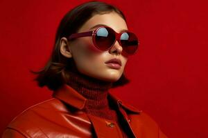 une modèle porte des lunettes de soleil avec rouge cadres et une ré photo