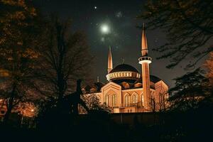 une mosquée à nuit avec le lune dans le ciel photo
