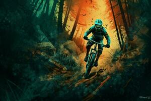 une Montagne motard monte une descente dans une forêt rivaliser photo