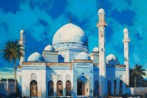 une La peinture de une mosquée avec une bleu Contexte et t photo