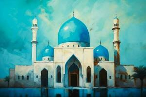 une La peinture de une mosquée avec une bleu Contexte et photo