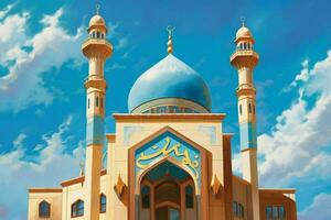 une La peinture de une mosquée avec une bleu Contexte et photo