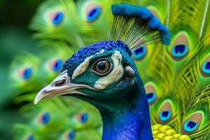 une paon avec une bleu tête et vert plumes sur il photo