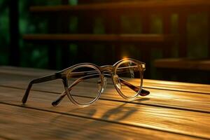 une paire de des lunettes sur une en bois table photo