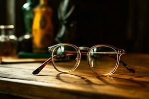 une paire de des lunettes sur une en bois table photo