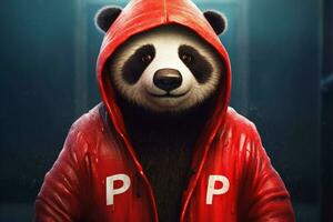 une Panda avec une rouge veste et une sweat à capuche cette ditp photo