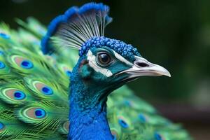 une paon avec une bleu tête et vert plumes sur photo