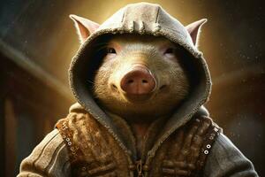 une porc portant une sweat à capuche cette ditarmadilloon il photo