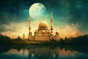 une affiche pour eid mu mura avec une mosquée et une lune photo