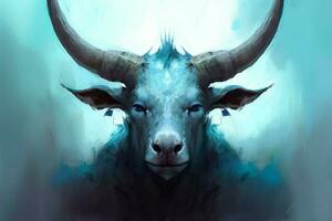 une affiche de une vache avec une bleu tête et cornes photo