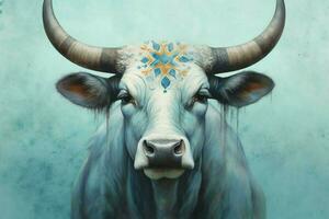 une affiche de une vache avec une bleu tête et cornes photo