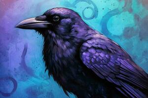 une affiche de une corbeau avec une violet Contexte et une photo