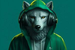 une affiche de une Loup avec une vert sweat à capuche et une tête photo