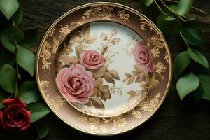 une rond assiette avec des roses sur il et une or jante photo