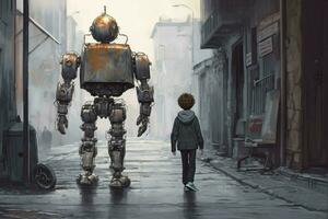 une robot et une garçon marcher vers le bas une rue photo