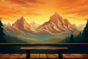 une scénique Montagne vue derrière une en bois table illu photo