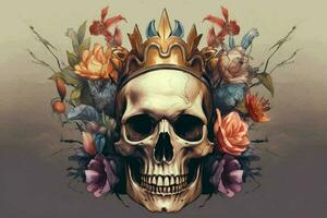 une crâne avec une couronne et une fleur sur il photo