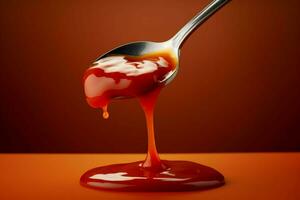 une cuillerée de nourriture avec une rouge sauce égouttage vers le bas photo