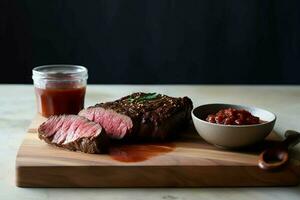 une steak sur une Coupe planche avec une bol de tomate photo