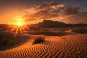 une le coucher du soleil dans le désert avec le Soleil réglage derrière photo