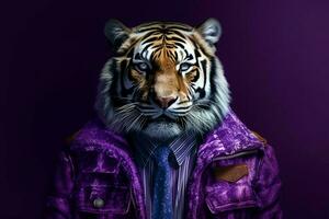 une tigre dans une violet veste avec le lettre e sur je photo