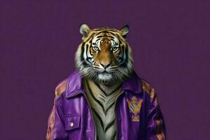 une tigre dans une violet veste avec le lettre e sur je photo