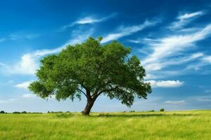 une arbre dans une champ avec une vert Contexte et une b photo