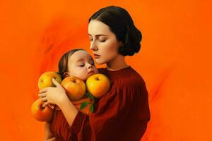 une femme en portant une bébé dans de face de un Orange Contexte photo