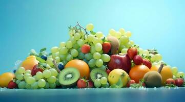 ai généré, Frais des fruits sur doux lumière bleu Contexte. photo