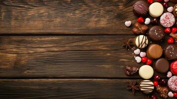 ai généré, des sucreries bonbons et des chocolats sur lumière marron rustique en bois texture, Haut vue avec espace pour texte. photo