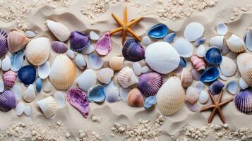 ai généré, motifs de mer coquilles, plage des pierres, corail récifs, coloré algue sur le plage le sable comme une arrière-plan, Haut vue avec espace pour texte, minimalisme style. photo