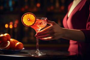 une femme est verser une rouge cocktail dans une verre Wi photo