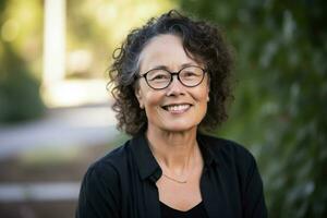 une femme portant des lunettes est souriant et portant une photo