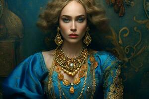 une femme avec une bleu et or tenue et une or cou photo