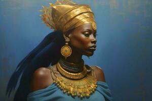 une femme avec une bleu robe et or bijoux sur sa h photo