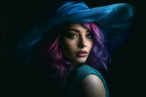 une femme avec une bleu cheveux et une violet chapeau photo